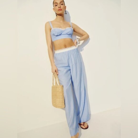 NEW Reformation Pippa Two Piece Set Top Pants Sky Blue Stripe | US 0 UK 4 - Picture 6 of 16